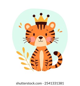 Cute Adorable Tiger Animal Cartoon Character Wearing King Crown in the Jungle