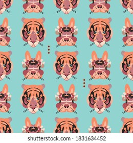 Cute adorable tiger and bunny faces in a seamless pattern. Vector illustration