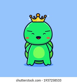 The cute and adorable turtle king wears a crown, the turtle king flat design ilustration vector for mascot logo,landing page,flyer,banner