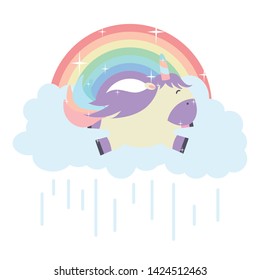 cute adorable unicorn with clouds and rainbow