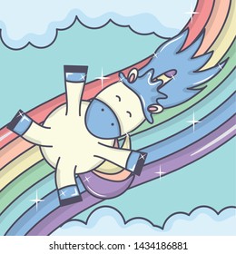 cute adorable unicorn with clouds and rainbow