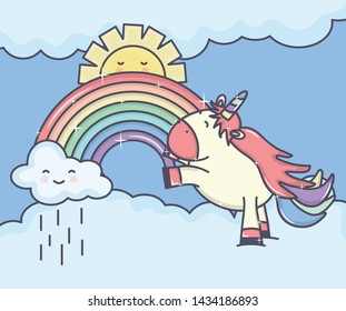 cute adorable unicorn with clouds and rainbow