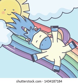 cute adorable unicorn with clouds and rainbow