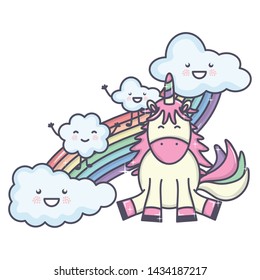 cute adorable unicorn with clouds and rainbow