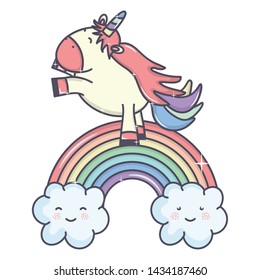 cute adorable unicorn with clouds and rainbow
