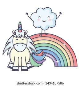 cute adorable unicorn with clouds and rainbow