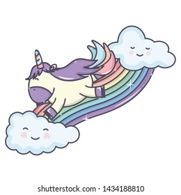 cute adorable unicorn with clouds and rainbow