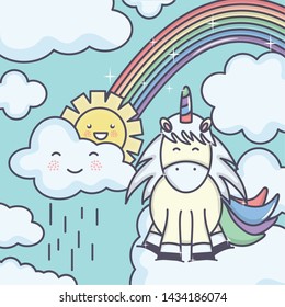 cute adorable unicorn with clouds rainy and rainbow