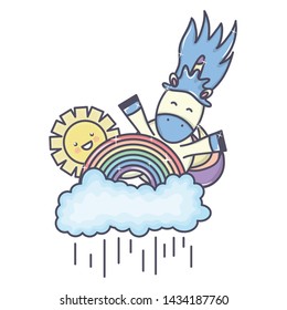 cute adorable unicorn with clouds rainy and rainbow