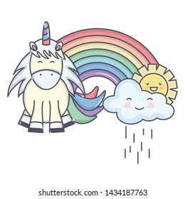 cute adorable unicorn with clouds rainy and rainbow