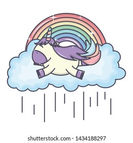 cute adorable unicorn with clouds rainy and rainbow