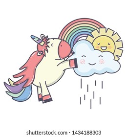 cute adorable unicorn with clouds rainy and rainbow