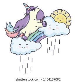 cute adorable unicorn with clouds rainy and rainbow