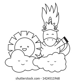 cute adorable unicorn with clouds and sun kawaii characters