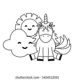 cute adorable unicorn with clouds and sun kawaii characters