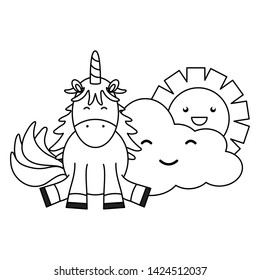 cute adorable unicorn with clouds and sun kawaii characters