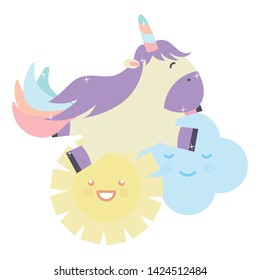 cute adorable unicorn with clouds and sun kawaii characters