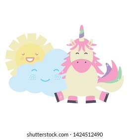 cute adorable unicorn with clouds and sun kawaii characters
