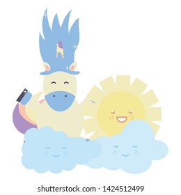 cute adorable unicorn with clouds and sun kawaii characters