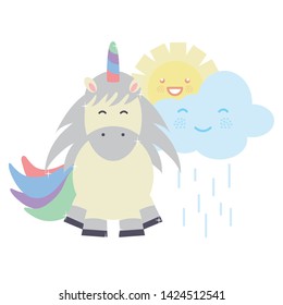 cute adorable unicorn with clouds and sun kawaii characters