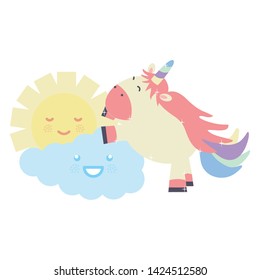 cute adorable unicorn with clouds and sun kawaii characters