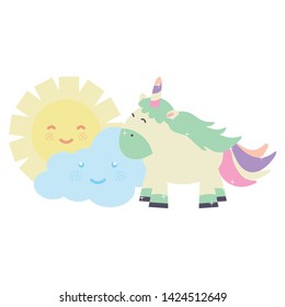 cute adorable unicorn with clouds and sun kawaii characters