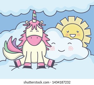 cute adorable unicorn and clouds with sun kawaii characters
