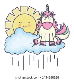 cute adorable unicorn and clouds and sun kawaii characters