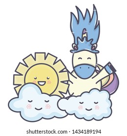 cute adorable unicorn and clouds and sun kawaii characters