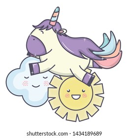 cute adorable unicorn and clouds and sun kawaii characters