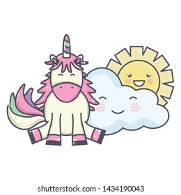 cute adorable unicorn and clouds and sun kawaii characters