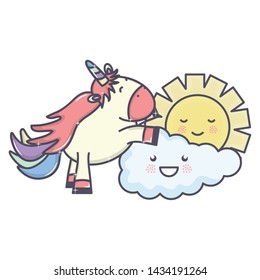cute adorable unicorn and clouds and sun kawaii characters