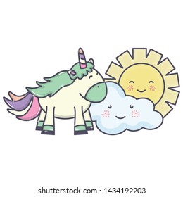 cute adorable unicorn and clouds and sun kawaii characters