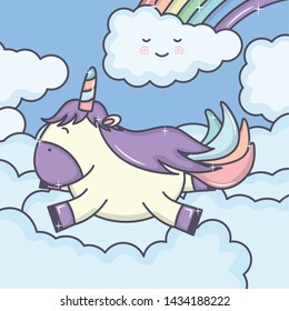 cute adorable unicorn floating in cloud rainy character