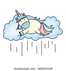 cute adorable unicorn floating in cloud rainy character