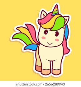 Cute Adorable Unicorn with Solid Color and Colorful Style, Icon, Clipart, Sticker