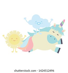 cute adorable unicorn with sun kawaii fairy characters