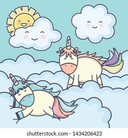 cute adorable unicorns with clouds characters