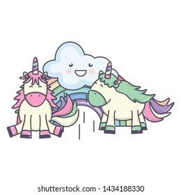 cute adorable unicorns with clouds and rainbow kawaii