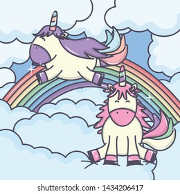 cute adorable unicorns with clouds and rainbow characters