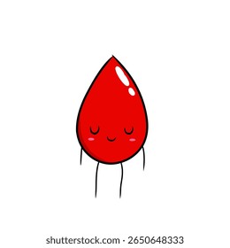 Ilustração vetorial bonito e adorável de uma gota de sangue vermelho com uma expressão facial amigável. Perfeito para projetos relacionados à saúde, doação de sangue, médicos ou projetos infantis. 