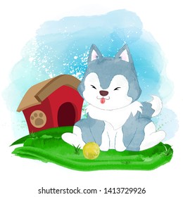 Cute and adorable watercolor husky