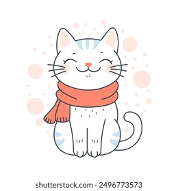 Cute Adorable White Cat Cartoon Character Wearing Scarf with Smiling Expression