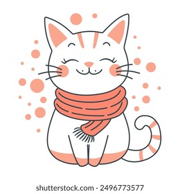 Cute Adorable White Cat Cartoon Character Wearing Scarf with Smiling Expression
