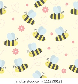Cute adorable yellow bees cartoon seamless pattern background wallpaper vector eps10