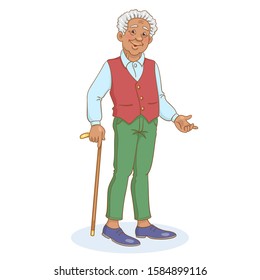 Cute adult afro american gentleman with a cane in his hand. In cartoon style. Isolated on white background. Vector illustration.
