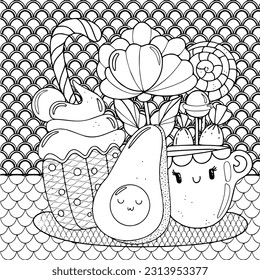  Cute Adult coloring page doodles, sketch coloring book for relaxing. Vector design. Cake, animals, candy, kawaii. 