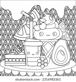  Cute Adult coloring page doodles, sketch coloring book for relaxing. Vector design. Cake, ice cream, candy, kawaii, coffee, orange, cherry 