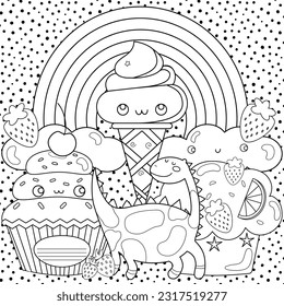 Cute Adult coloring page doodles, sketch coloring book for relaxing. Vector design. Cake, ice cream, candy, kawaii, coffee, orange, cherry 