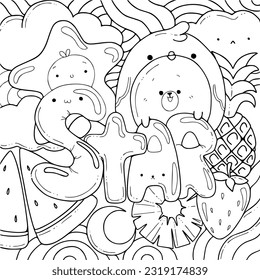 Cute Adult coloring page doodles, sketch coloring book for relaxing. Vector design. Cake, animals, candy, fruit, pineapple, heart, kawaii, star. 